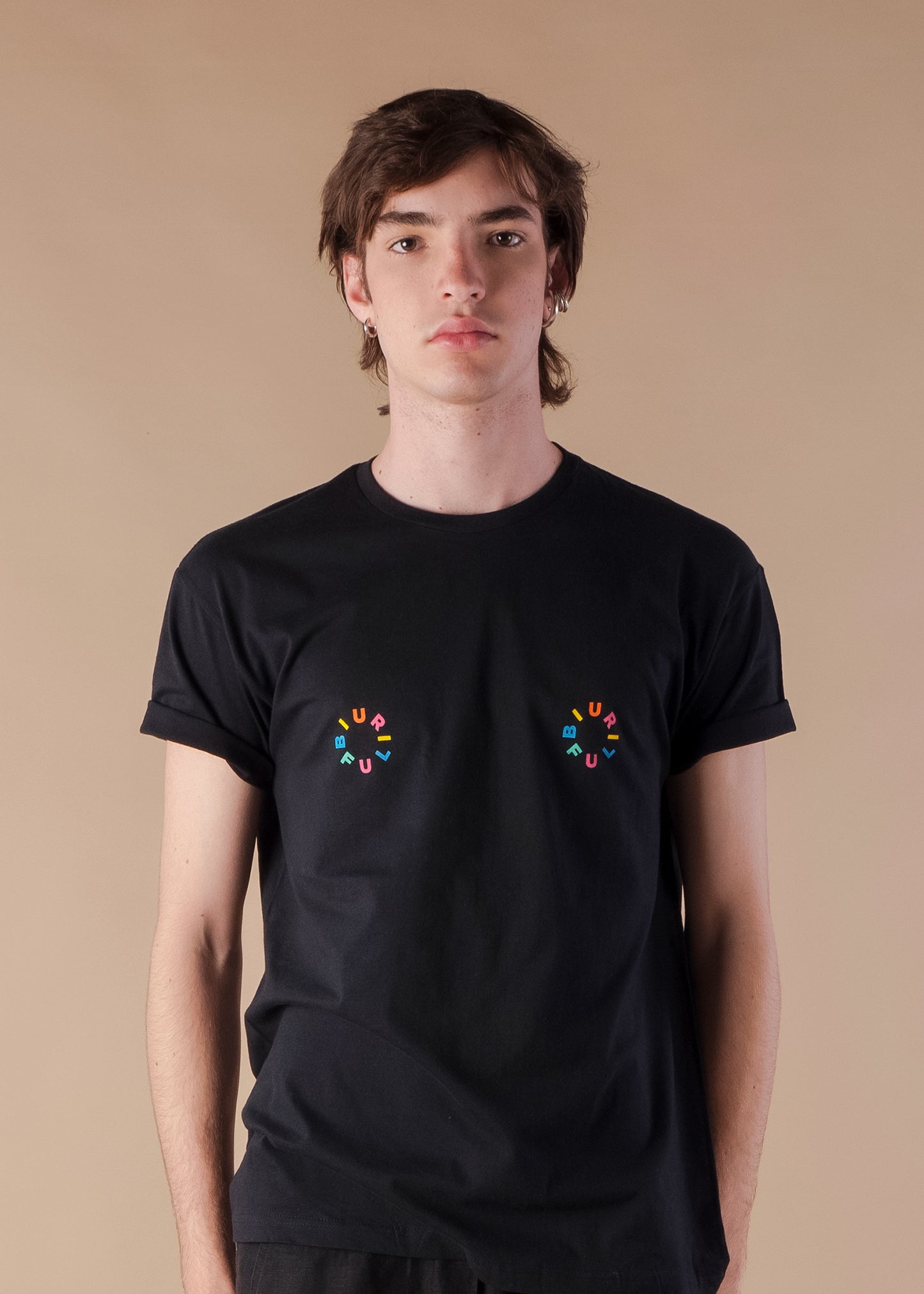 BIURIFUL T-SHIRT BLACK NIPPLES RAINBOW