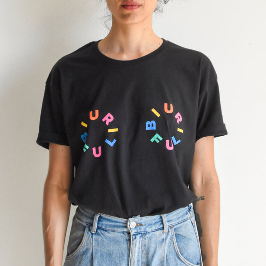 BIURIFUL T-SHIRT BLACK BOOBS RAINBOW